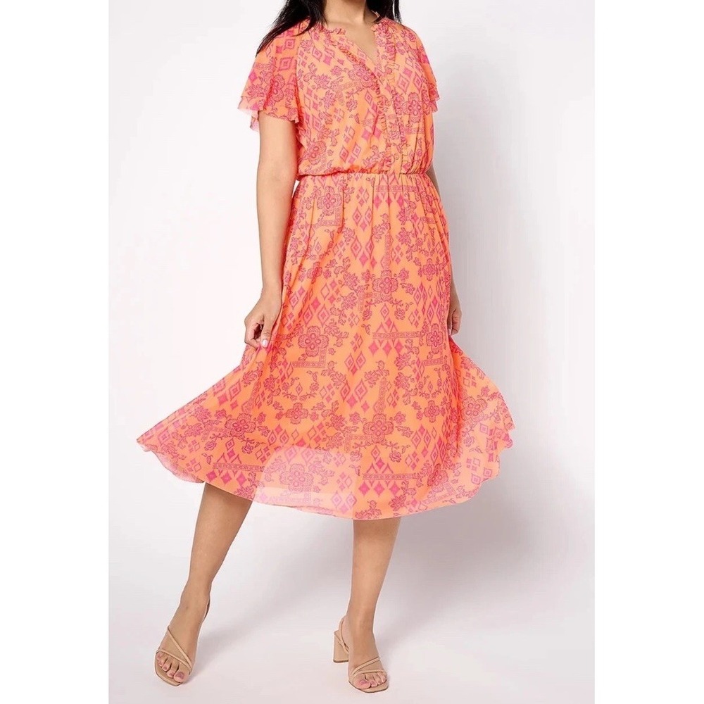 Canyon Retreat Midi Dress Orange Pink Long Boho Mesh Garden Party Size XL Raglan